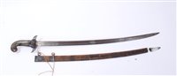 Lot 835 - Fine Georgian hunting / officers’ sword, circa 1770, with solid agate hilt, silver guard with pierced and gadrooned border and shell decoration, curved multi-fullered blade with original silver mou...