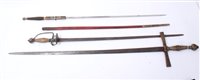 Lot 838 - 18th century brass hilted small sword, 19th century brass cruciform hilted robe sword and Masonic sword (3)