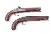 Lot 901 - Pair Victorian officers’ percussion pistols by Wilson, London, with 16 bore octagonal barrels with steel swivel ramrods, side locks with dolphin cock (1 missing), slide-safety’s, walnut stocked wit...