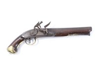 Lot 902 - Georgian 1796 pattern-type flintlock military pistol by Thomas, with 16 bore barrel with Birmingham Proofs, roller friezen, walnut stock with brass furniture and skull cracker pommel, original stee...