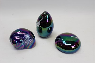 Lot 2128 - Three Glass Eye Studio U.S.A. petrol iridescent with white spray paperweights