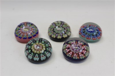 Lot 2132 - Five Perthshire medium dome millefiori glass paperweights (pre-1978) including cartwheels