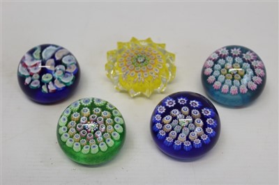 Lot 2141 - Four John Deacons small dome millefiori glass paperweights and one other (5)