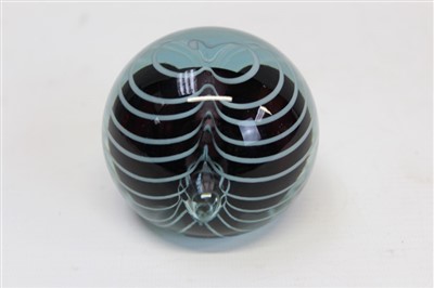 Lot 2144 - Okra glass paperweight with original label, signed by Richard Gosling, 1981