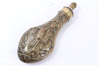 Lot 935 - Victorian brass powder flask by Hawkesley with embossed decoration of dead game