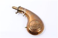 Lot 936 - Unusual 19th Century Copper Power Flask of tear drop form, with embossed gun dog scene