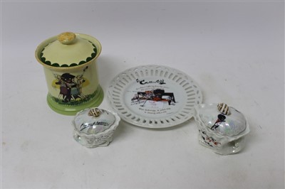 Lot 2191 - Carlton Ware ‘Golliwog’ biscuit barrel and cover,
‘Golliwog’ plate and two matching pots with lids (4)