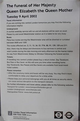 Lot 97 - The Lying in State and Funeral of HM Queen Elizabeth The Queen Mother – two London Underground Information posters