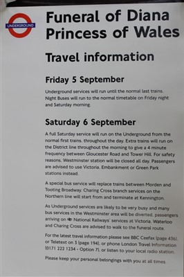 Lot 98 - The Funeral of Diana Princess of Wales – London Underground Information poster