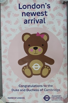 Lot 99 - The Birth of HRH Princess Charlotte – London Underground congratulations poster ‘London’s Newest Arrival’, with pink teddy bear