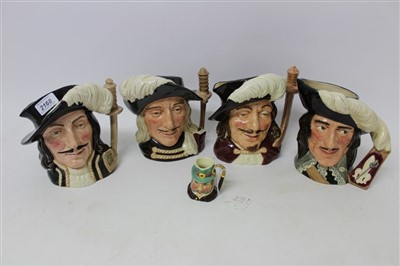 Lot 2168 - Four large Royal Doulton character jugs – Athos, Porthos, Aramis and D’Artagnan, plus a small Sylvia character jug (5)