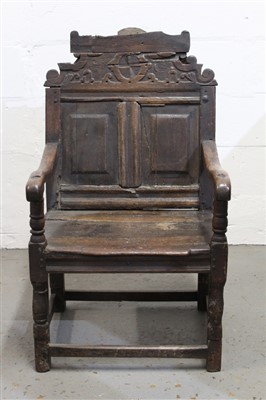 Lot 1450 - Early 17th century and later oak Wainscott chair with rustic and Blacksmith repairs