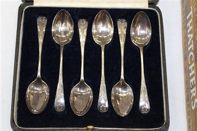 Lot 3774 - Set of six silver teaspoons in case, pair of Georgian silver Bateman sugar tongs, Georgian silver butter knife, sifter spoon and other items