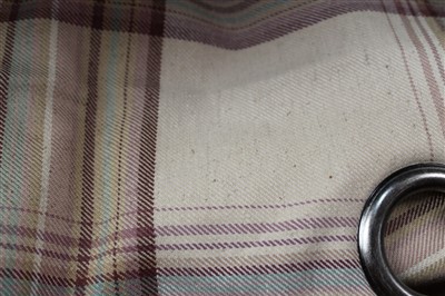 Lot 3098 - Two matching pairs of cream and purple check Curtains