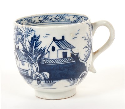 Lot 153 - 18th century Lowestoft blue and white coffee cup,  ‘dolls’ house’ pattern decoration, scroll handle