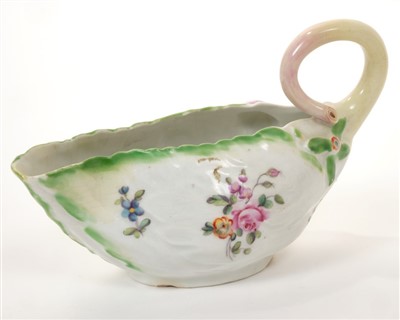 Lot 166 - 18th century Derby polychrome leaf moulded sauce boat, 18cm
