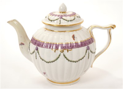 Lot 172 - 18th century Chelsea Derby fluted teapot and cover with puce bands with gilt and green leaf swags