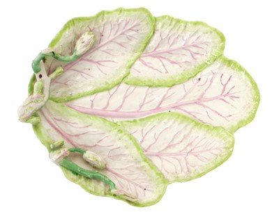 Lot 173 - 18th century Longton Hall cabbage leaf-moulded dish with stalk handle, 21cm