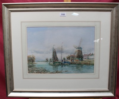 Lot 1220 - Good large signed watercolour depicting barges in river with figures and horses