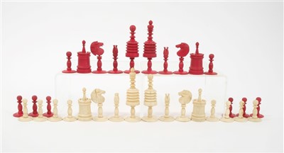 Lot 1061 - 19th century Anglo-Indian ivory and red stained ivory chess set