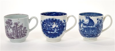 Lot 178 - 18th century Worcester coffee cup,  Hancock puce printed decoration, 5.6cm and two other coffee cups