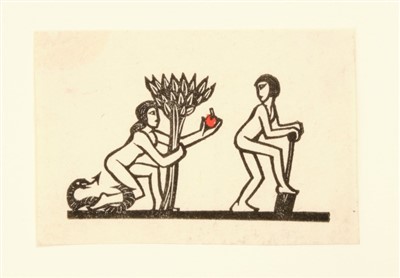 Lot 1120 - Eric Gill (1882-1940) wood engraving, Adam and Eve, 1917 (P87) from ‘God and the Dragon and Nisi Dominus’, Approximately 4 x 7cm