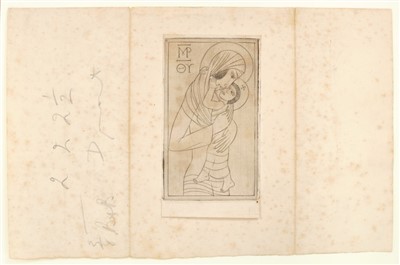 Lot 1121 - Eric Gill (1882-1940) wood engraving, (intaglio) Madonna and Child, 1924 (P298) 8.5 x 5cm, mounted onto folded paper with inscription verso in Gill’s hand: ‘to Capel-y-ffin Abergavenny, much love...