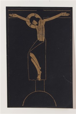 Lot 1124 - Eric Gill (1882-1940) wood engraving, Crucifix, 1917, (Skelton P89) printed with gilt ink, after a crucifix in a window at York Minster,, 13 x 8.6cm