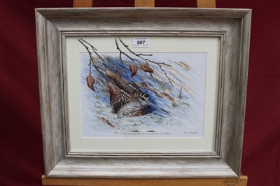 Lot 907 - Mark Chester, contemporary, acrylic on paper - A Woodcock in snow...