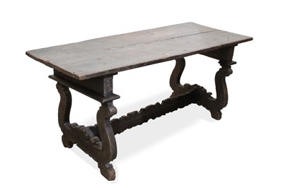 Lot 1471 - Fine early 18th century Southern European pine and walnut refectory table, plank top on scrolling dual supports and wavy stretchers, 160cm wide x 63cm deep x 69cm high