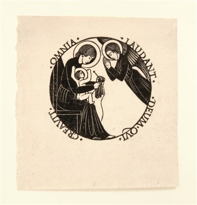 Lot 1136 - Eric Gill (1882-1940) wood engraving, Madonna and Child with an Angel, Madonna knitting,1916 (Skelton P60), image approximately 6.5 x 6.5cm