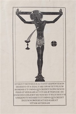 Lot 1140 - Eric Gill (1882-1940) wood engraving, Crucifix, Chalice and Host, 1915 (Skelton P45) with Latin text, image 17 x 9cm