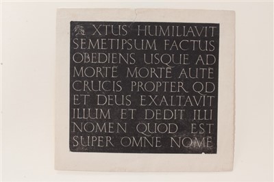 Lot 1142 - Eric Gill (1882-1940) wood engraving, Latin text, possibly previously unidentified engraving, dedicated verso in pen ‘Wishing you a happy feast, Michael Royce Smith, Pigotts -‘ 9 x 10cm