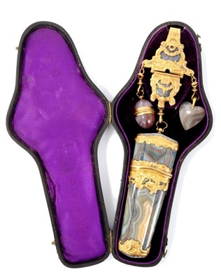 Lot 889 - Mid 18th century Continental gilt metal mounted and agate chatelaine