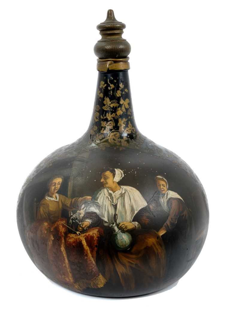 Lot 265 - 18th/19th c. Continental green glass bottle, hand-painted interior scene and gilt scroll decoration