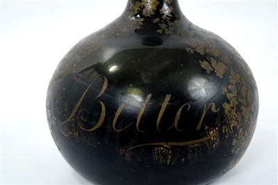 Lot 265 - 18th/19th c. Continental green glass bottle, hand-painted interior scene and gilt scroll decoration