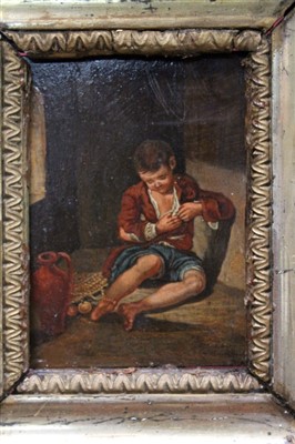Lot 1144 - 19th century Continental School oil on panel - a street begger, in gilt frame, 12.5cm x 10cm