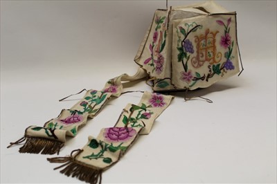 Lot 3058 - 19th Century embroidered hat, silk net embroidered in polychrome silk thread, grape vines, flowers and two sets of initials, metal tassels. Possibly for a wedding.