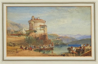 Lot 1147 - William Leighton Leitch (1804-1883) watercolour - Italian landscape with fishermen and boats by a tower, signed and indistinctly dated, in glazed gilt frame, 13cm x 21cm
