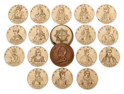 Lot 123 - Unusual Regency circular gilt copper box decorated with the bust of King George IV and Chronology of the Sovereigns of England