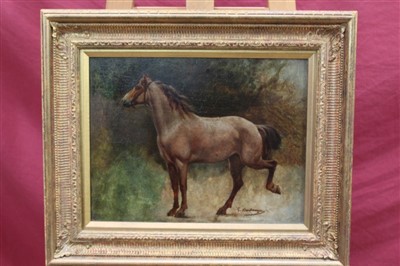 Lot 1169 - Gustave Boulanger (1824-1888) oil on panel - an Arab horse in landscape, signed, in gilt frame, 27cm x 35cm