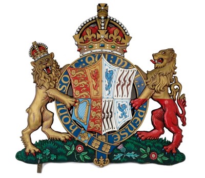 Lot 128 - HM Queen Elizabeth The Queen Mother - large Royal Warrant Coat of Arms - moulded plastic and polychrome hand-painted