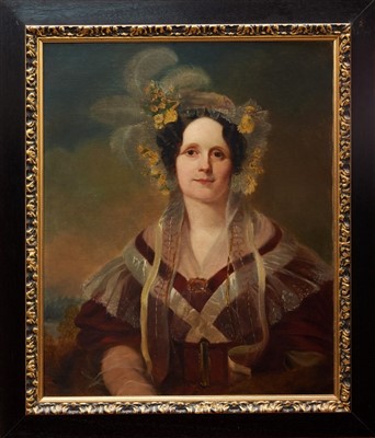 Lot 1181 - 19th century English school oil on canvas - portrait of a lady with flowers and feathers in her hair, in gilt and ebonised frame
