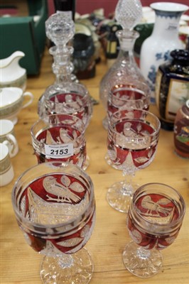 Lot 67 - Hofbauer Red Byrdes crystal set- 2 decanters & 6 glasses