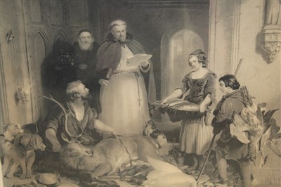 Lot 1238 - After Sir Edwin Landseer mid-nineteenth century engraving by Samuel Cousins - Bolton Abbey In Olden Times, published by Thomas Boys 1837, in glazed gilt frame, 67cm x 78cm.