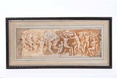 Lot 1247 - 16th / 17th century Old Master drawing, pen, ink and wash Classical frieze, another work verso depicting a warrior upon a horse, initialled