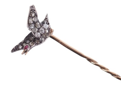Lot 551 - Antique diamond novelty stick pin in the form of a flying duck / game bird with old cut diamonds in silver setting
