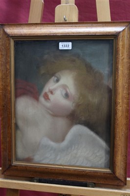 Lot 1333 - 18th century pastel on paper - an angel, in glazed burr veneered frame, 39cm x 30cm