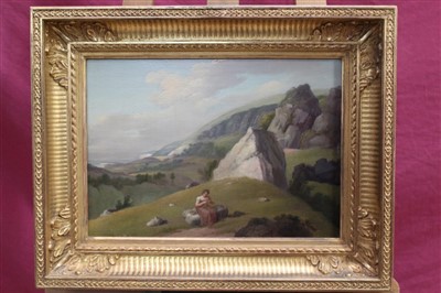 Lot 1354 - 19th century English school oil on panel - a young lady sitting on a hill with the coast beyond, in gilt frame, 24cm x 34cm