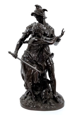 Lot 610 - 19th century Continental bronze figure of a warrior and a maiden, a serpent at their feet